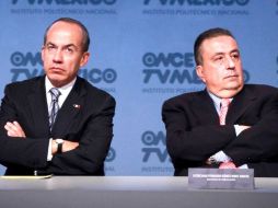 El Presidente y Fernando Gómez Mont el lunes pasado en una conferencia sobre la ampliación de cobertura de 11TV. EL UNIVERSAL  /