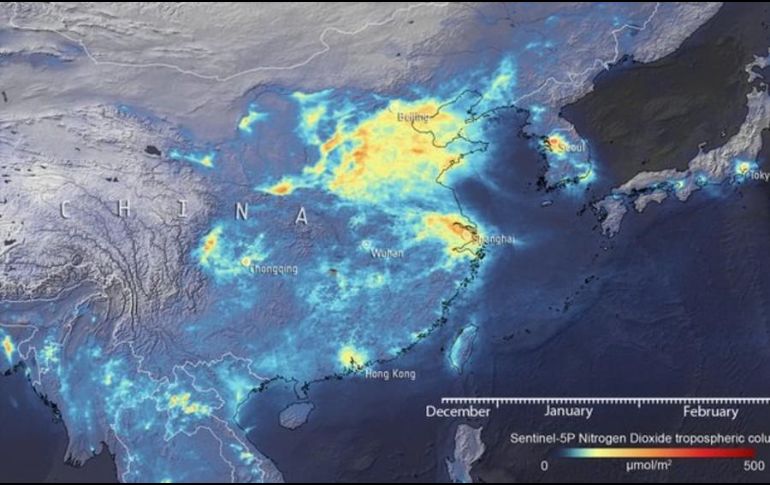 Este mapa muestra la variación en las emisiones de NO2 sobre China (diciembre-marzo).  TWITTER / @esa