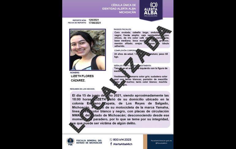 El 17 de junio, Alerta Alba Michoacán publicó en redes sociales que Lizeth Flores Cázares ya había sido localizada. FACEBOOK/AlertaAlbaMichoacan