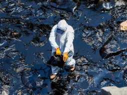 Vista de las labores de limpieza del derrame de petróleo vertido el sábado al océano Pacífico desde la refinería peruana de La Pampilla. EFE/Municipalidad de Ventanilla-C. Meza