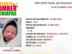 Alerta Amber: El menor recién nacido N N Pérez Gómez fue sustraído ayer en Tapachula, Chiapas. ESPECIAL