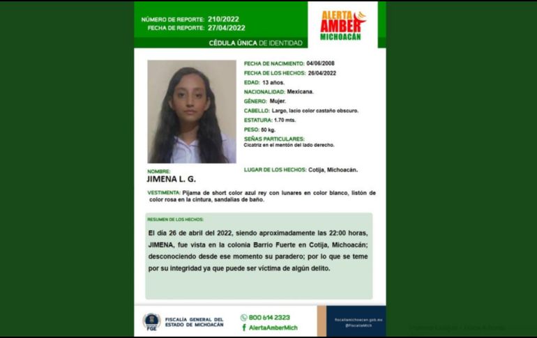 Jimena, la niña de 13 años de edad que desapareció el pasado 26 de abril en el municipio de Cotija, Michoacán, fue sacada de su casa con amenazas y extorsión. Se desconoce su paradero. TWITTER / @AlertaAmberMich