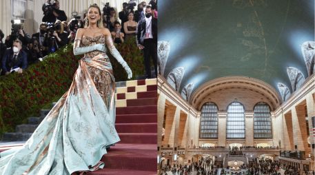 El estampado azul en la falda del vestido Versace que Blake Lively llevó a la Met Gala 2022 está inspirado en la constelación del techo de la Grand Central Station. AP/ Evan Agostini, UNSPLASH/ Mathias Arlund