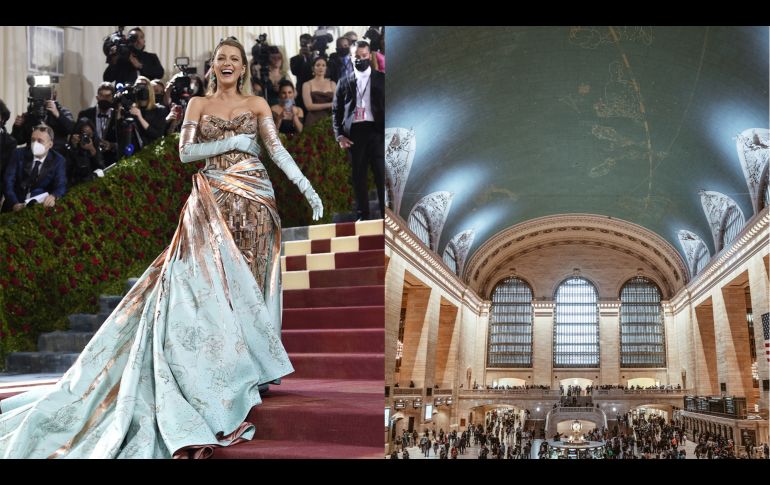 El estampado azul en la falda del vestido Versace que Blake Lively llevó a la Met Gala 2022 está inspirado en la constelación del techo de la Grand Central Station. AP/ Evan Agostini, UNSPLASH/ Mathias Arlund