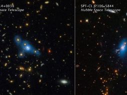 Cúmulos de galaxias MOO J1014+0038 (izq) y SPT-CL J2106-5844 (der). El color azul, agregado artificialmente en base a datos del telescopio espacial Hubble, muestra la luz de las estrellas errantes.  NASA, ESA, STSCI, JAMES JEE (YONSEI UNIVERSITY)