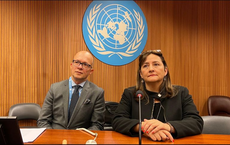 Los juristas Jan Simon y Angela Buitrago, miembros del Grupo de Expertos Independientes de la ONU sobre Derechos Humanos en Nicaragua, durante su comparecencia en Ginebra. EFE/J. González
