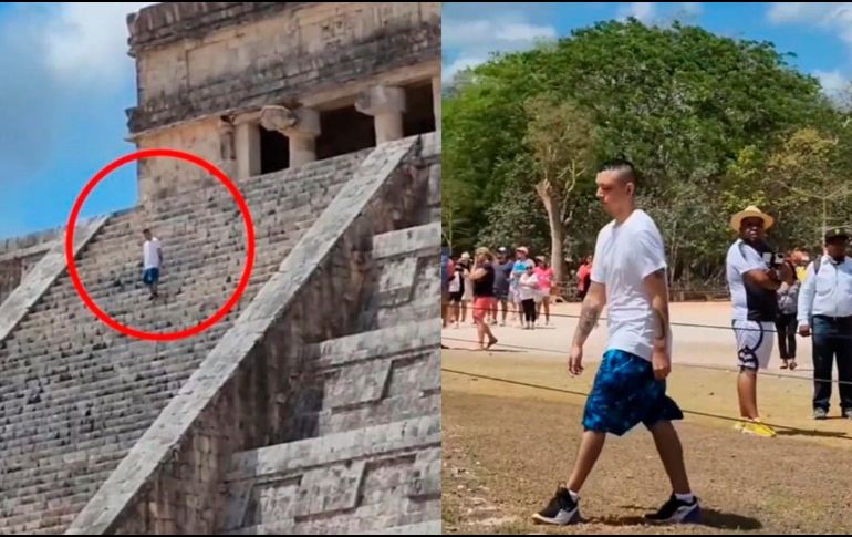 Al bajar de la pirámide, el turista fue interceptado por personal de seguridad y guías de la zona. ESPECIAL/CAPTURA DE VIDEO
