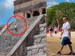 Al bajar de la pirámide, el turista fue interceptado por personal de seguridad y guías de la zona. ESPECIAL/CAPTURA DE VIDEO