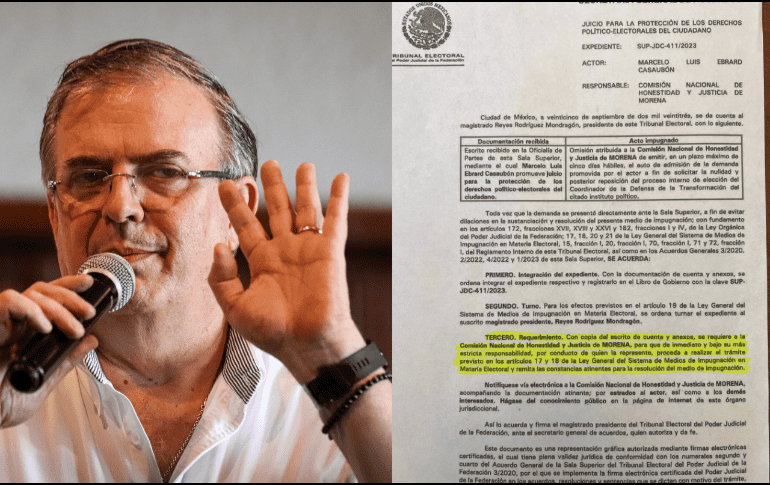 Marcelo Ebrard anunció este jueves que el Tribunal Electoral ordenó a la Comisión Nacional de Honestidad y Justicia de Morena respondiera a la impugnación que presentó el 10 de septiembre. EL INFORMADOR/ Archivo; Especial @Marcelo Ebrard