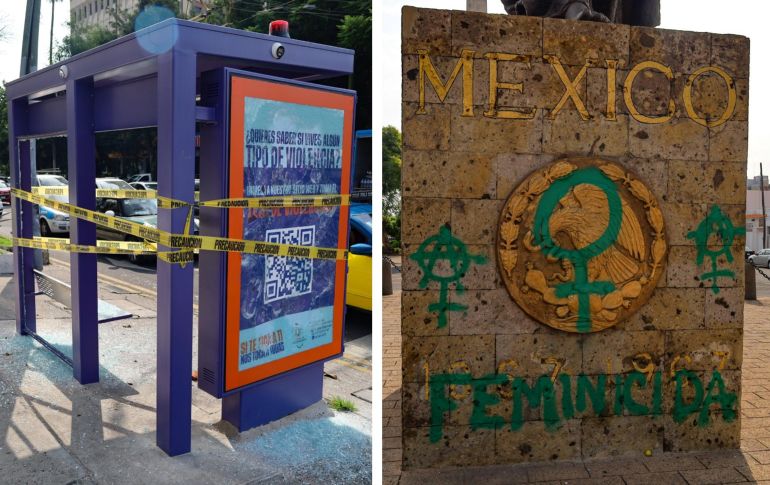 Algunas de las asistentes realizaron distintas intervenciones con pintura en aerosol, bates y martillos, a parabuses y mobiliario urbano. EL INFORMADOR / A. Navarro