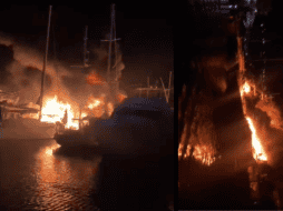 Un fuerte incendio en La Paz, Baja California Sur terminó con al menos cuatro embarcaciones hundidas. ESPECIAL/ Video.