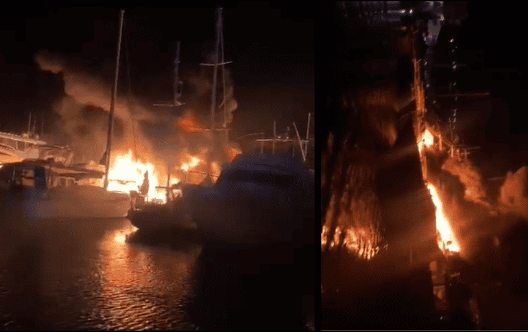 Un fuerte incendio en La Paz, Baja California Sur terminó con al menos cuatro embarcaciones hundidas. ESPECIAL/ Video.