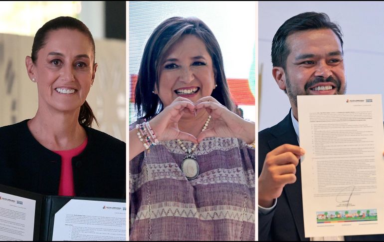 Combinación de imágenes de los tres candidatos a la presidencia de México, Claudia Sheinbaum, Xóchitl Gálvez y Jorge Álvarez Máynez. EFE / J. Méndez