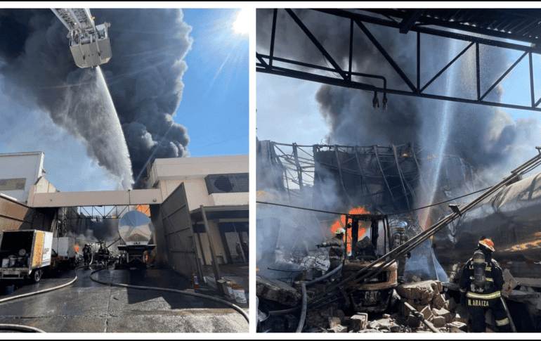 El incendio en una fábrica del Álamo Industrial en Tlaquepaque siendo atendido. ESPECIAL / Protección Civil