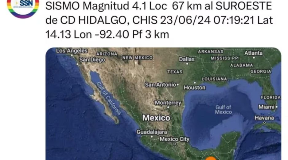 A través de su cuenta verificada en X (anteriormente Twitter), el Servicio Sismológico Nacional informó sobre un sismo con epicentro a 67 km al suroeste de Ciudad Hidalgo, Chiapas. X/@SismologicoMX