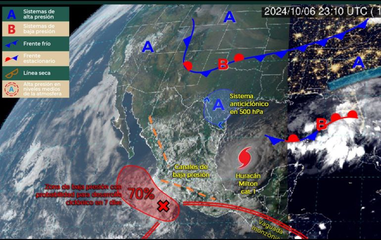 La zona de baja presión se encuentra a unos 185 kilómetros al suroeste de Zihuatanejo, Guerrero, y se mueve lentamente hacia el oeste-noroeste. ESPECIAL/ Conagua.