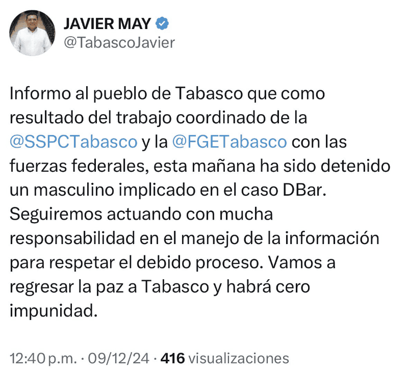 El gobernador de Tabasco confirmó la detención de un hombre implicado en la masacre de 