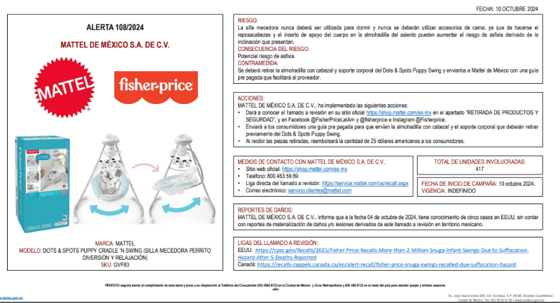La Profeco dio la orden a Mattel de retirar la almohadilla con cabezal y el soporte corporal de la mecedora. PROCURADURÍA FEDERAL DEL CONSUMIDOR/ PROFECO 