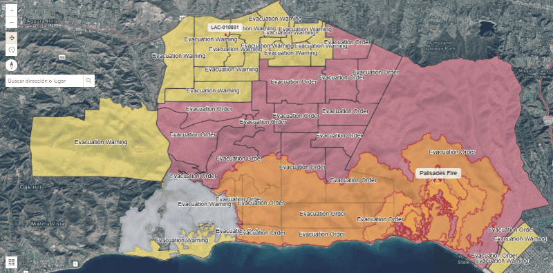 Mapa actual (8 de enero) en el Departamento de Silvicultura y Protección contra Incendios de California 