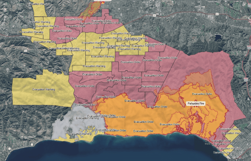 Mapa actual de Palisades (9 de enero) en el Departamento de Silvicultura y Protección contra Incendios de California  