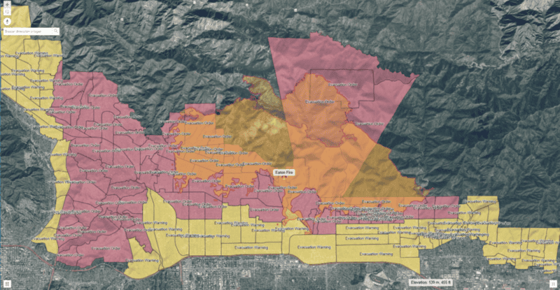 Mapa actual de Eaton (9 de enero) en el Departamento de Silvicultura y Protección contra Incendios de California  
