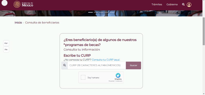  Sitio del buscador de estatus de la beca Rita Cetina. BUSCADOR BECAS BENITO JUÁREZ/ https://buscador.becasbenitojuarez.gob.mx/consulta/