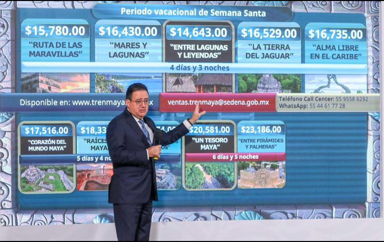 El director general del Tren Maya, Óscar David Lozano Águila, dice que se ofrecen diez paquetes adaptados también a las necesidades de los clientes, con recorridos a Mérida, Tulum, Bacalar y Chetumal, y al mar Caribe. SUN / A. Sánchez