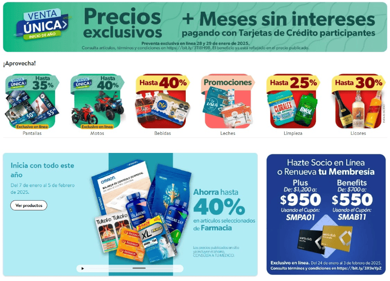 Algunas ofertas en la página principal del sitio web de Sam's Club 