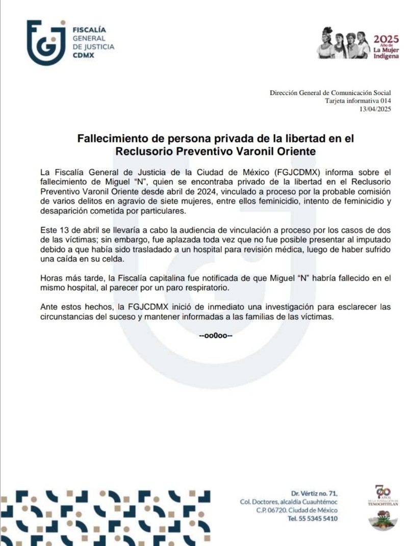 Las autoridades del Reclusorio Oriente dieron parte al agente del Ministerio Público para las investigaciones. ESPECIAL