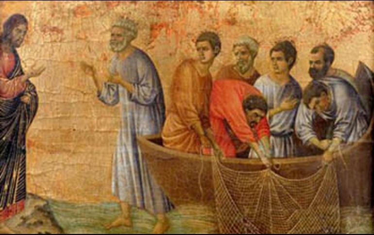 «Tan pronto como Simón Pedro oyó decir que era el Señor, se anudó a la cintura la túnica, pues se la había quitado, y se tiró al agua». WIKIPEDIA/«La pesca milagrosa de 153 peces», de Duccio