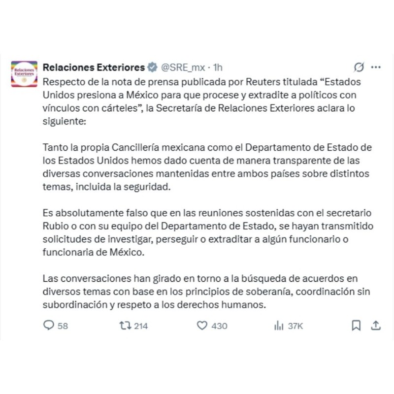  La SRE tuvo que aclarar la situación a través de sus redes sociales. X/ @SRE_mx