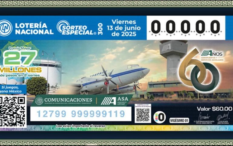 El Sorteo Especial 300 reconoció a a Aeropuertos y Servicios Auxiliares en su 60 aniversario. X/lotenal