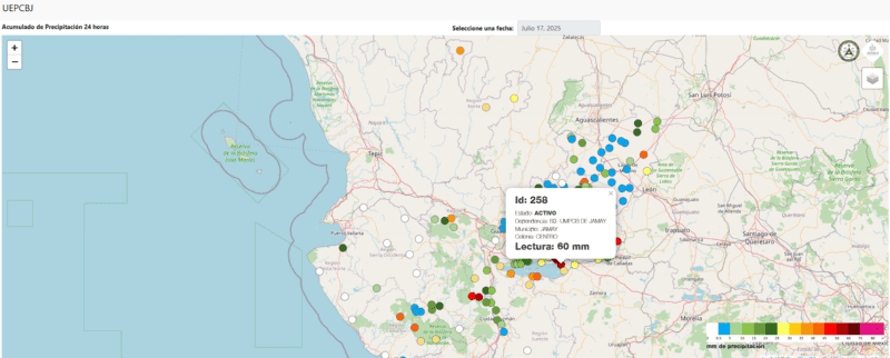 Esta es la actualización del Acumulado de Precipitación de 24 horas de la Unidad Estatal de Protección Civil y Bomberos de Jalisco. ESPECIAL 