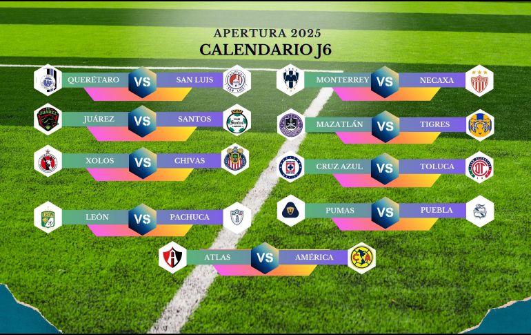La J6 comenzará la acción con tres duelos a disputarse el viernes 22 de agosto y cierra con dos encuentros programados para el domingo 24. ESPECIAL / CANVA