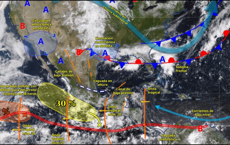 Diversos sistemas como el monzón mexicano, las ondas tropicales 27, 28 y 29, canales de baja presión y un sistema frontal, serán los principales generadores de estas condiciones. ESPECIAL/ SMN.