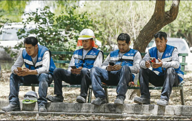 Trabajadores revisan sus teléfonos celulares durante la prueba piloto de registro de líneas móviles. EL UNIVERSAL
