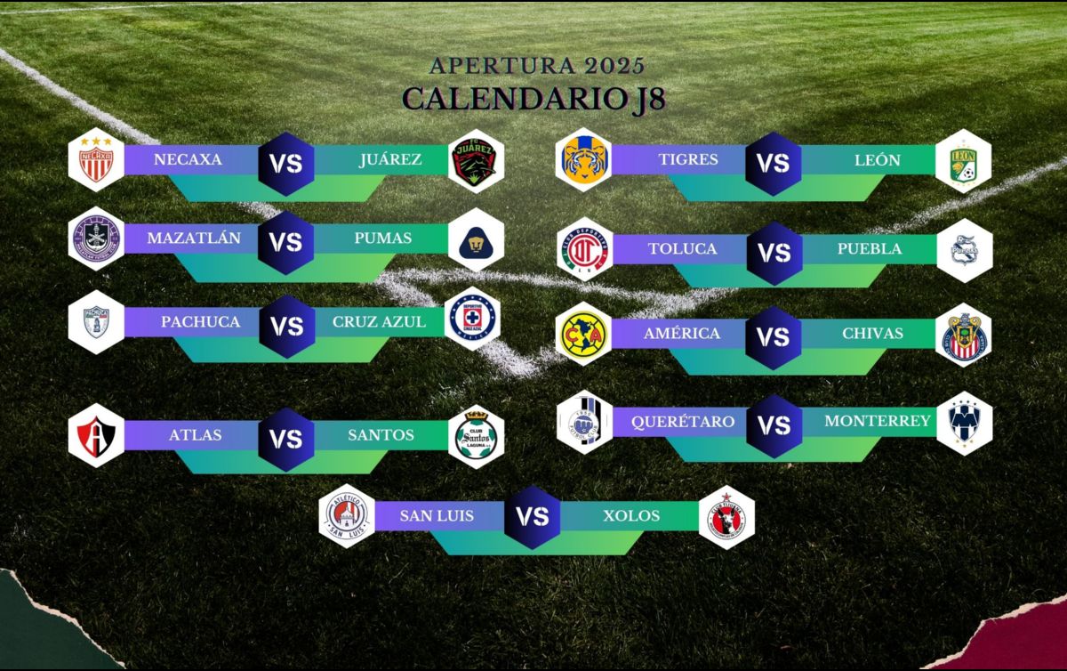 La J8 comenzará la acción con tres duelos a disputarse el viernes 12 de septiembre y cierra con dos encuentros programados para el domingo 14. ESPECIAL / CANVA
