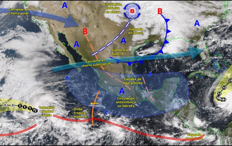 Canales de baja presión, humedad proveniente de tres océanos y la onda tropical número 39 generarán lluvias dispersas en el occidente, centro, sur y sureste del país. ESPECIAL/ SMN.