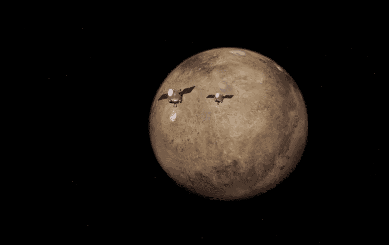 Una Ilustracion estilizada muestra a los satélites gemelos ESCAPADE entrando en la orbita de Marte. James Rattray/Rocket Lab USA