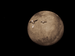 Una Ilustracion estilizada muestra a los satélites gemelos ESCAPADE entrando en la orbita de Marte. James Rattray/Rocket Lab USA