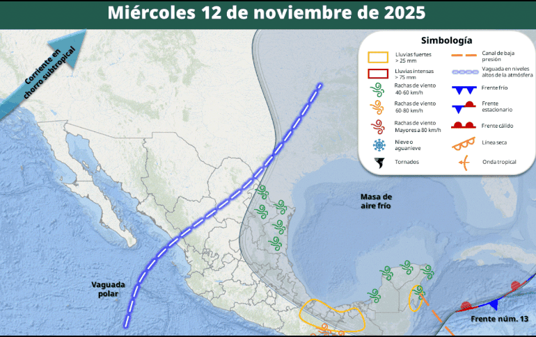El frente frío núm. 13 se extiende sobre el occidente del mar Caribe. La masa de aire ártico asociada mantendrá ambiente frío a muy frío en la mayor parte de la República Mexicana ESPECIAL/CONAGUA