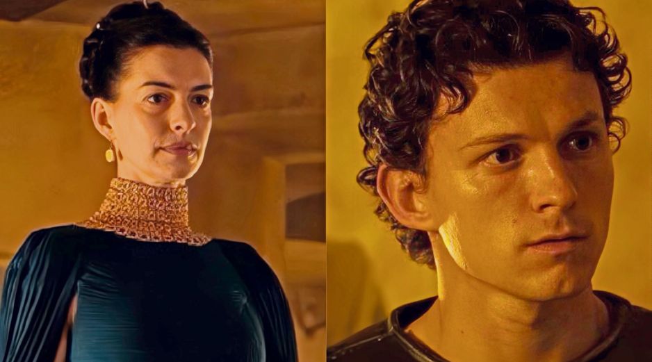 Anne Hathaway y Tom Holland, caracterizados como Penélope y Telémaco. ESPECIAL