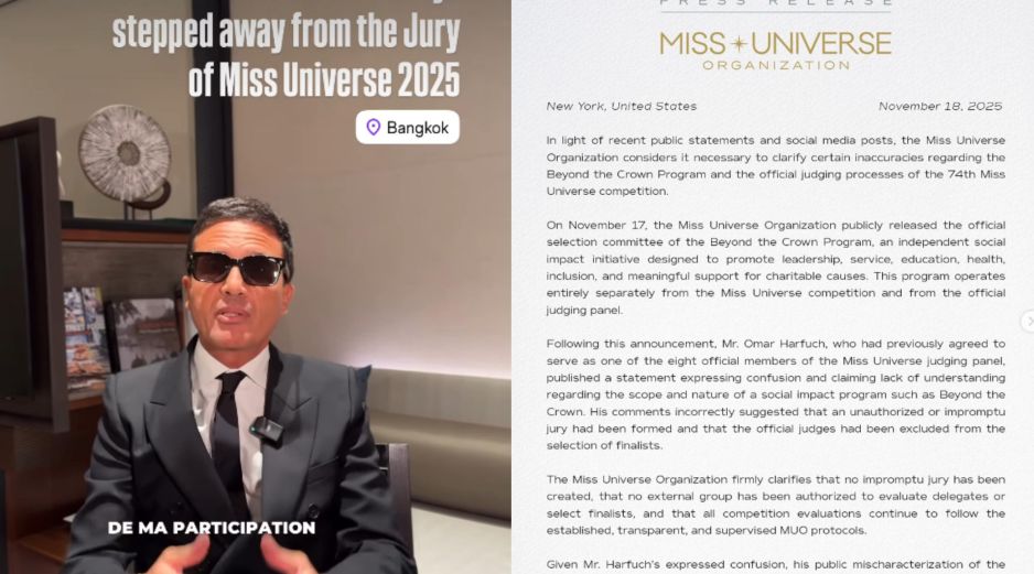 La renuncia se da a tan solo unos días de la gran final de Miss Universo 2025. ESPECIAL / INSTAGRAM @omarharfouch / @missuniverse