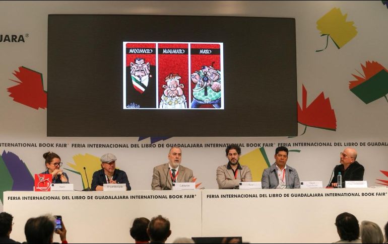 La mesa “Caricatura e Historieta. Charla con Catrinas y Catrines”, moderada por Cucamonga, reunió a Adriana Mosquera Soto (Nani), Ángel Boligán, Paco Calderón, Juan Matías Loiseau (Tute) y Darío Castillejos. EL INFORMADOR/ A. NAVARRO.