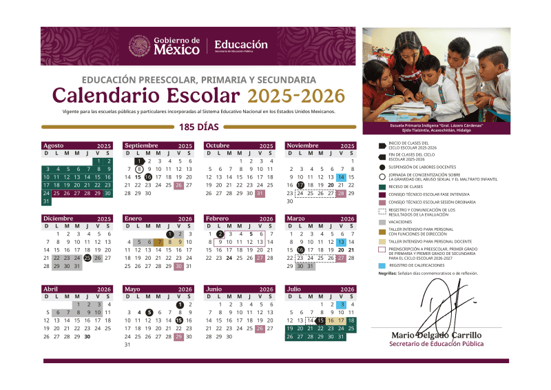 Calendario de la Secretaría de Educación Pública para el ciclo escolar 2025-2026. ESPECIAL 