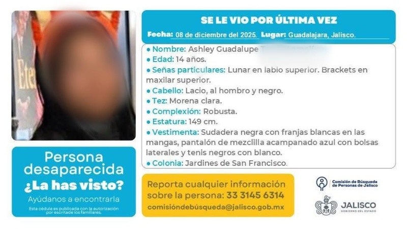  Ficha de búsqueda de la menor aparecida en Tlajomulco. ESPECIAL