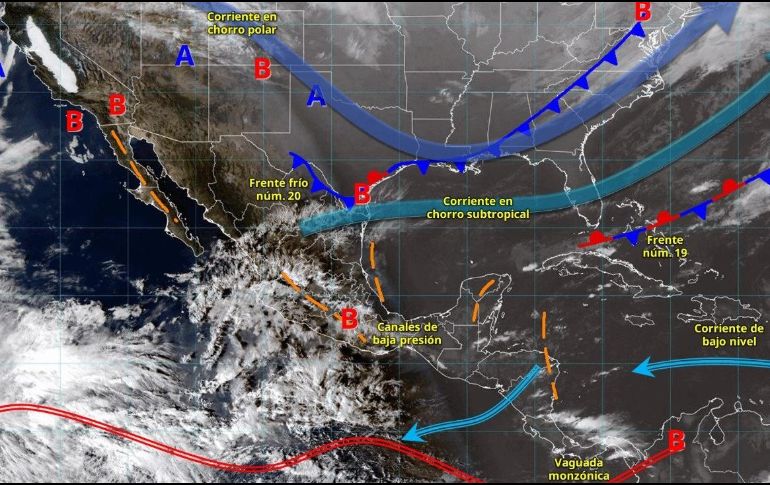 El frente frío 20 entrará por la frontera norte y noreste durante la tarde-noche del miércoles y madrugada del jueves. ESPECIAL/ SMN.