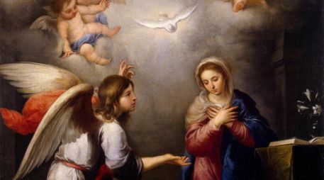 «Estando María, su madre, desposada con José, y antes de que vivieran juntos, sucedió que ella, por obra del Espíritu Santo, estaba esperando un hijo». «La Anunciación», de Esteban Murillo