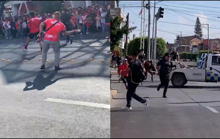 Seguidores de ambos clubes coincidieron en una vialidad que conduce al estadio, situación que derivó en un intercambio de insultos y el lanzamiento de objetos. ESPECIAL.