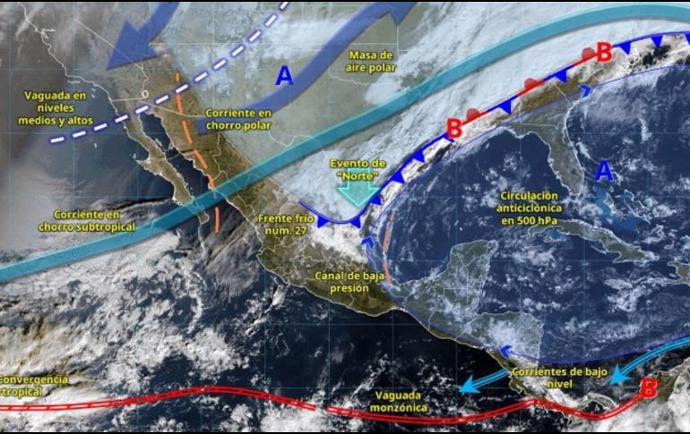 La entrada de aire polar generará un descenso notable de las temperaturas, con heladas durante la madrugada del domingo en amplias zonas del norte, centro y oriente del país. ESPECIAL/ SMN.